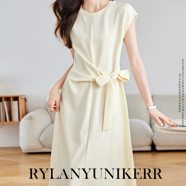 RYLAN蝴蝶结收腰通勤垂感纯色绑带显瘦连衣裙​