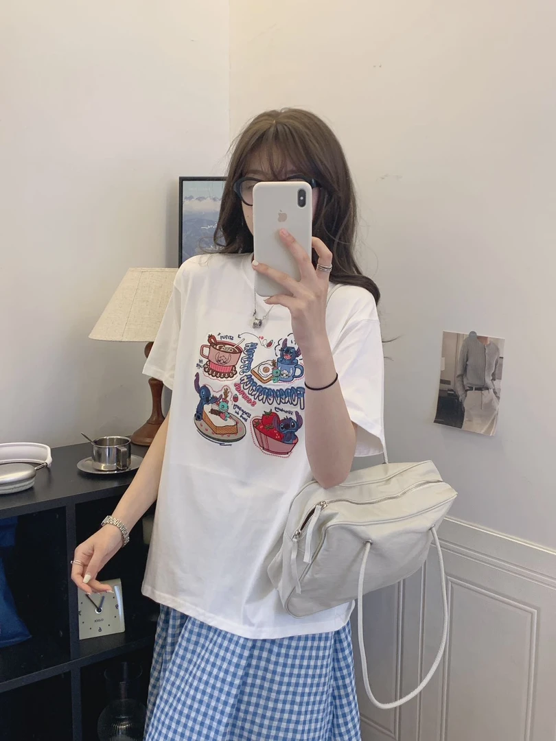 0448【夏季新款】刺绣美食史迪仔潮牌卡通休闲圆领短袖（2510）