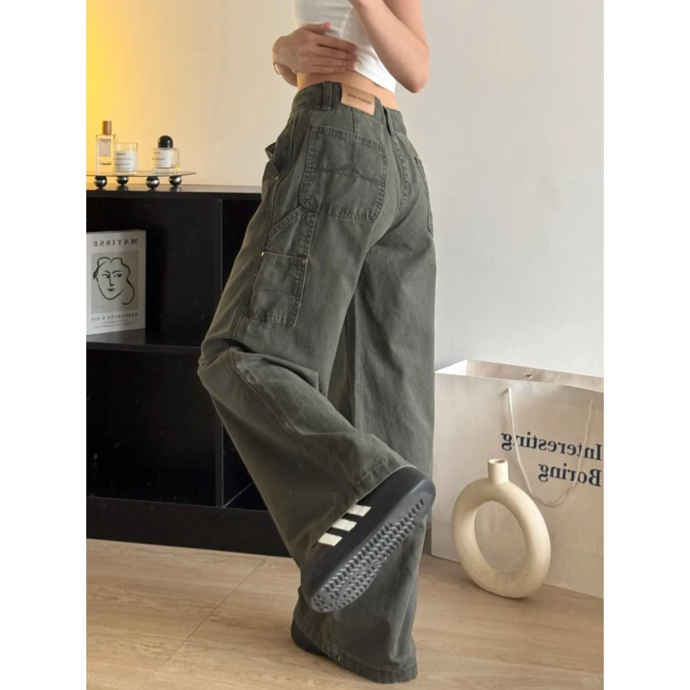 美式复古军绿色小众工装牛仔裤2025夏季显瘦遮跨直筒阔腿牛仔裤子