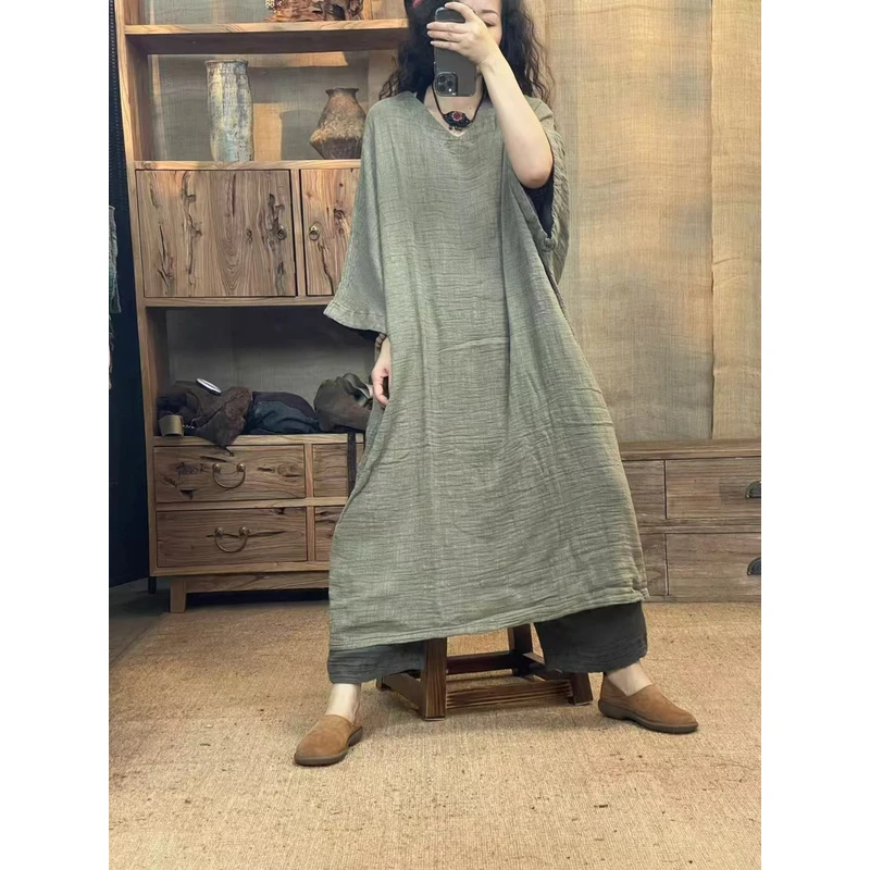飞24105亚麻炒色长袍复古文艺百搭