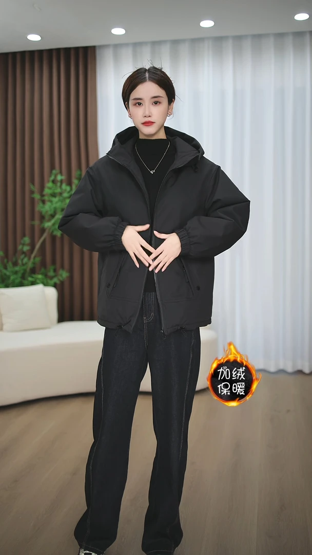 606时尚气质百搭休闲加绒保暖宽松五防面料连帽冲锋衣外套