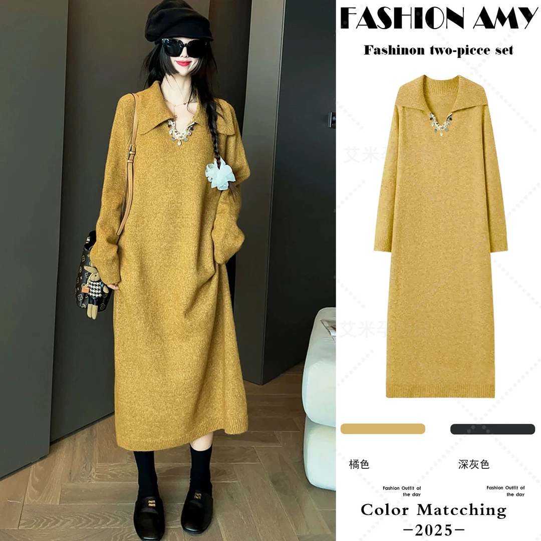 孕妇装秋冬新款时尚韩版宽松慵懒高级感V领长袖针织毛衣连衣裙子1