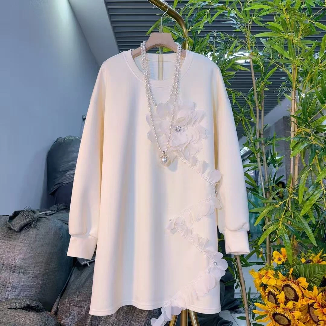 潮流新款花瓣拼接长袖T恤微胖大码宽松欧韩潮女25083