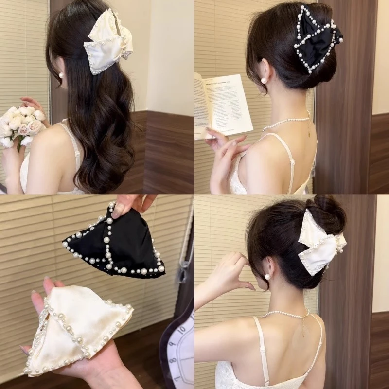 法式缎面珍珠三角抓夹女饱满后脑勺鲨鱼夹高级感马尾发夹简约女式
