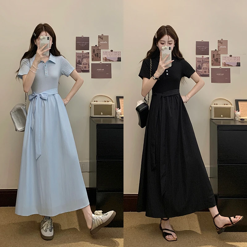 2025夏款胖mm大码女气质减龄学院风polo领收腰短袖连衣裙 22322