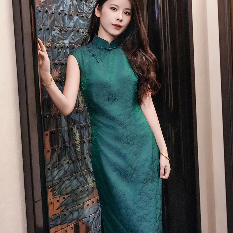 【青云】玲珑缎夏桑蚕丝20姆真丝提花青绿渐变旗袍短袖古法手工