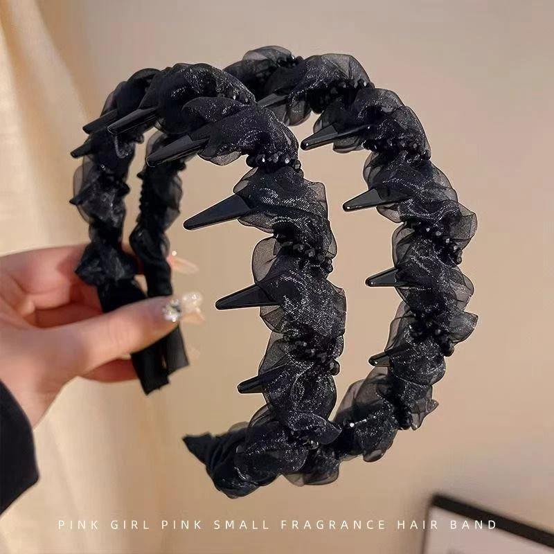 黑白超仙甜美网纱褶皱发箍气质倒插防滑头箍珍珠发捆发饰头饰女