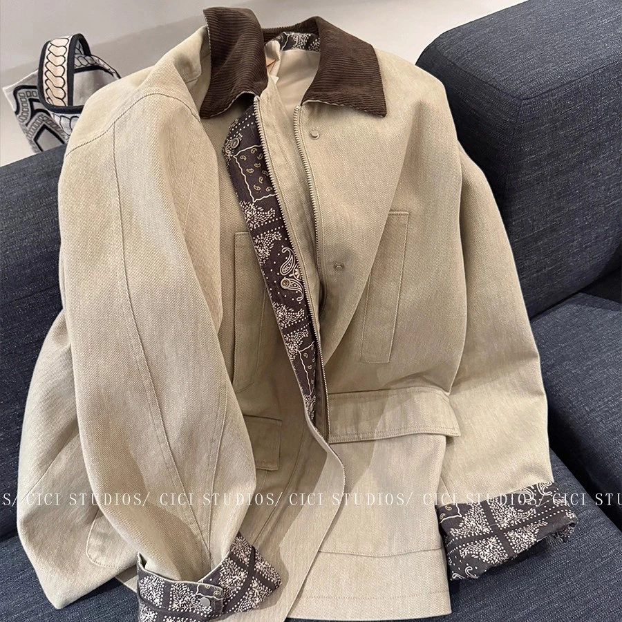 日系工装风提花翻领风衣外套女秋2025新款复古休闲宽松中长款夹克