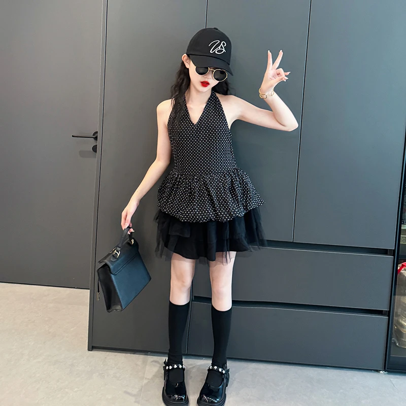 女童夏装套装2025新款女孩夏季港风波点背心儿童黑色网纱裙两件套