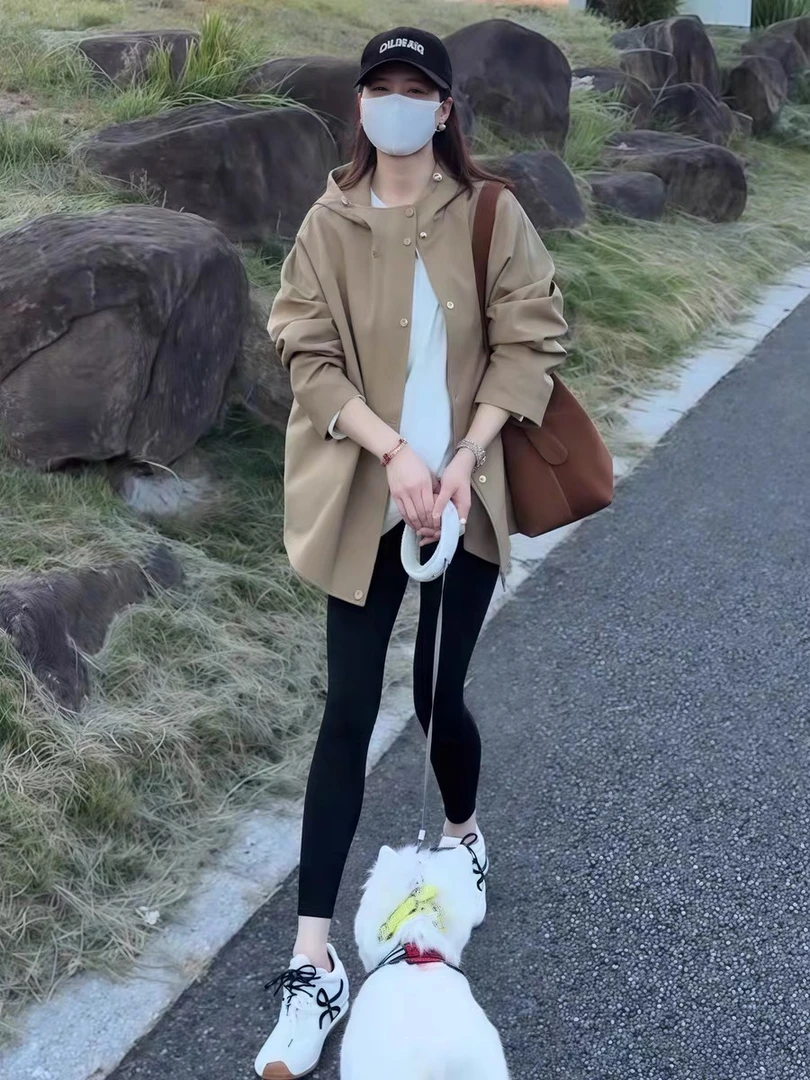2025秋新款连帽中长款工装风衣外套女韩系爆款高级感宽松休闲大衣