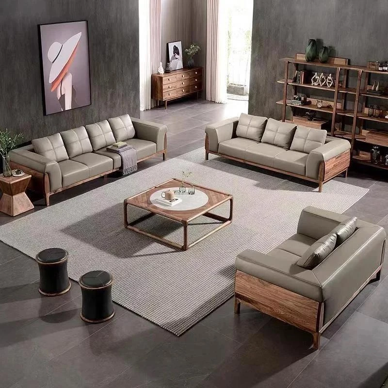 新中式禅意高端黑胡桃木沙发组合定制意式客厅实木真皮直排沙发