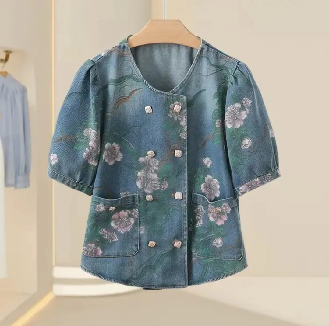 730牛仔印花玫瑰 短袖双排扣外套HG2396