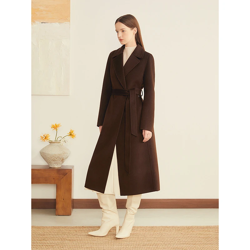 YINER音儿2025冬新款法式翻领羊毛羊绒混纺双面呢大衣8C65580036