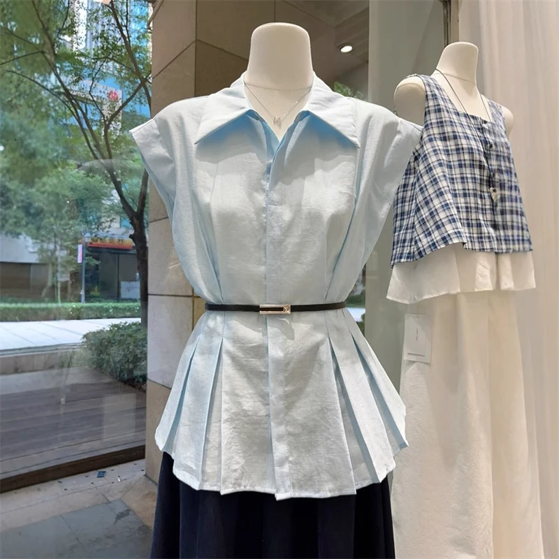 高级感独特超好看单穿无袖衬衫女夏季法式气质掐腰时尚翻领衬衣潮
