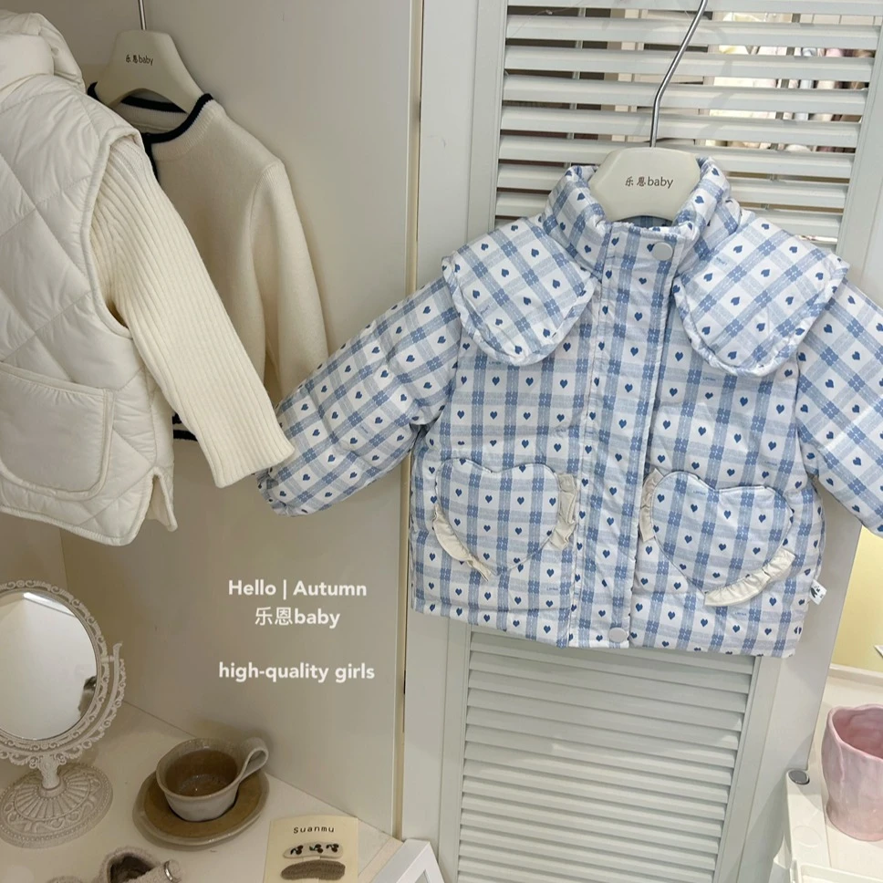 现货【乐恩童装】女童秋冬季新款格子爱心棉服宝宝洋气可爱外套棉袄