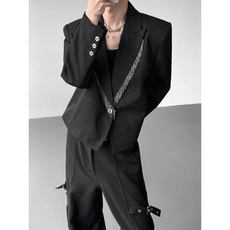 秋冬舞台装设计金属流苏超短款西装外套男模高级感痞帅垫肩西服潮