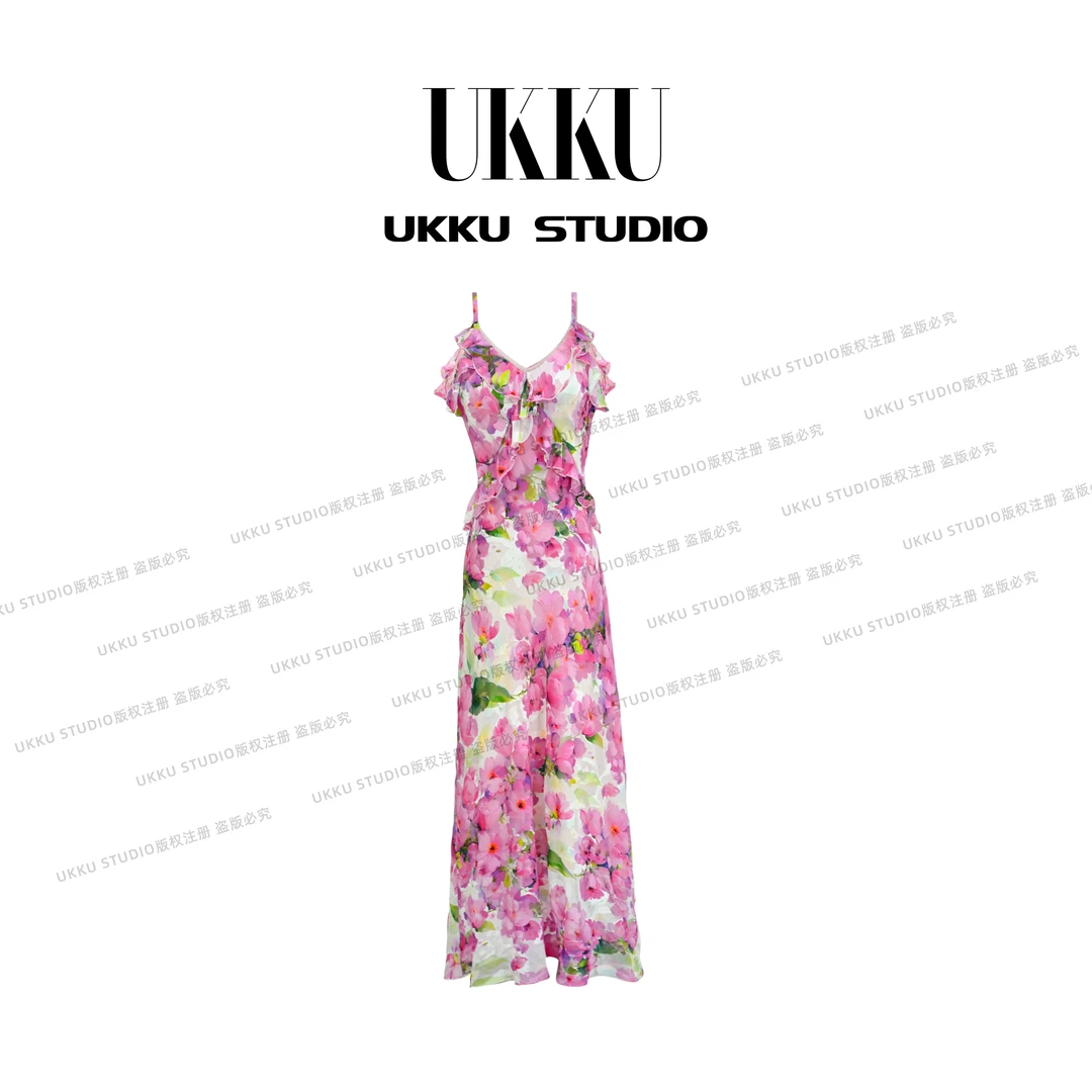 【UKKU STUDIO】轻奢设计师夏季紫色收腰碎花吊带连衣裙914347