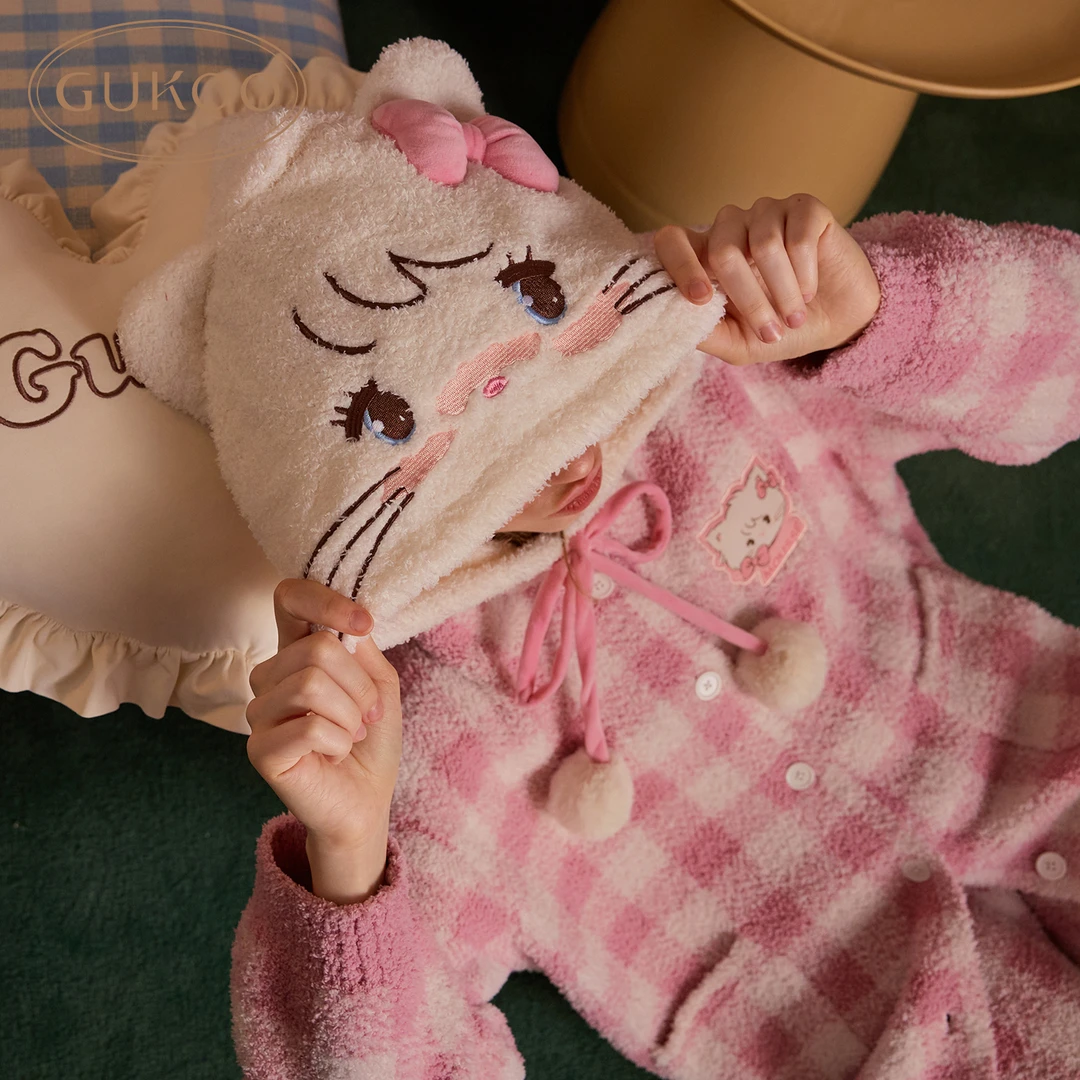【Gukoo果壳】mikko睡衣冬季女士半边绒格纹毛绒连帽家居服套装