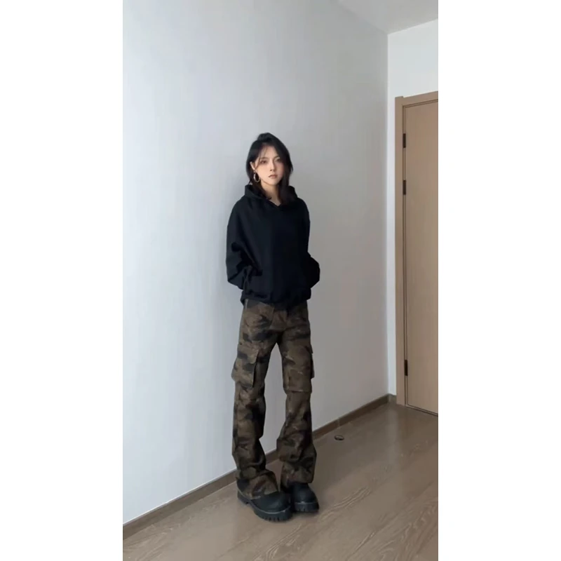 美式高街显瘦修身微喇工装裤男女潮牌hiphop宽松直筒堆积迷彩长裤