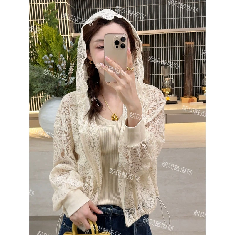 【只出不进-浮浮款】防晒镂空纯棉蕾丝连帽花边拉链外套 G7315