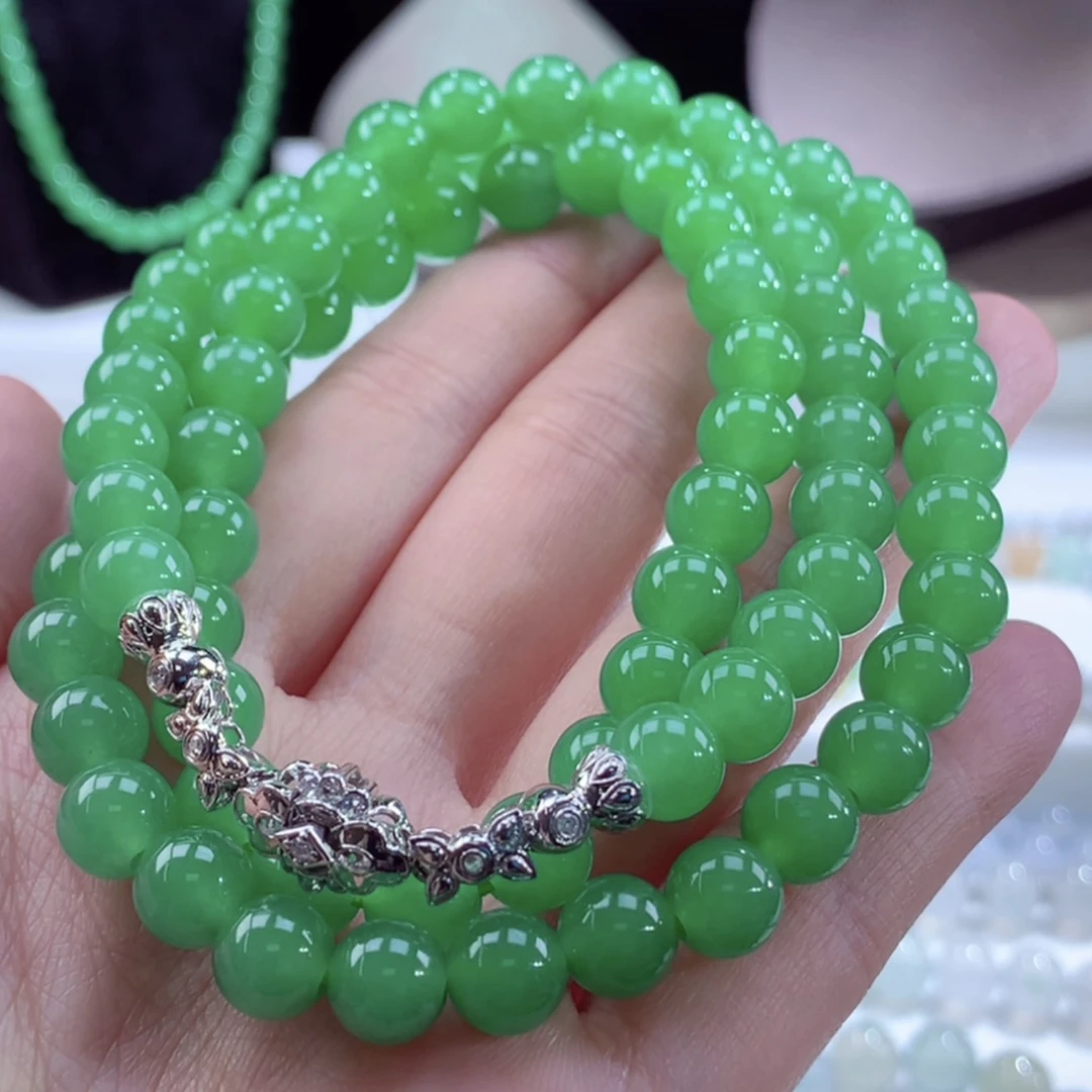 传承收藏级缅甸天然翡翠A货正冰正阳绿项链卡8mm80颗