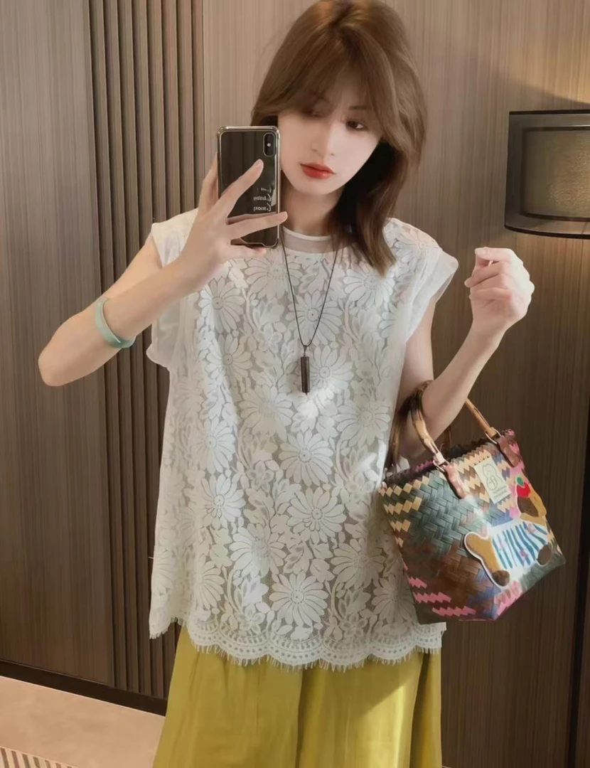 法式无袖蕾丝衫女大码2025新款夏季轻奢高级感独特绝美小上衣