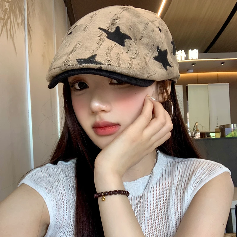 覆古做旧星星前进帽女韩版显脸小百搭反戴鸭舌帽大头围贝雷帽潮