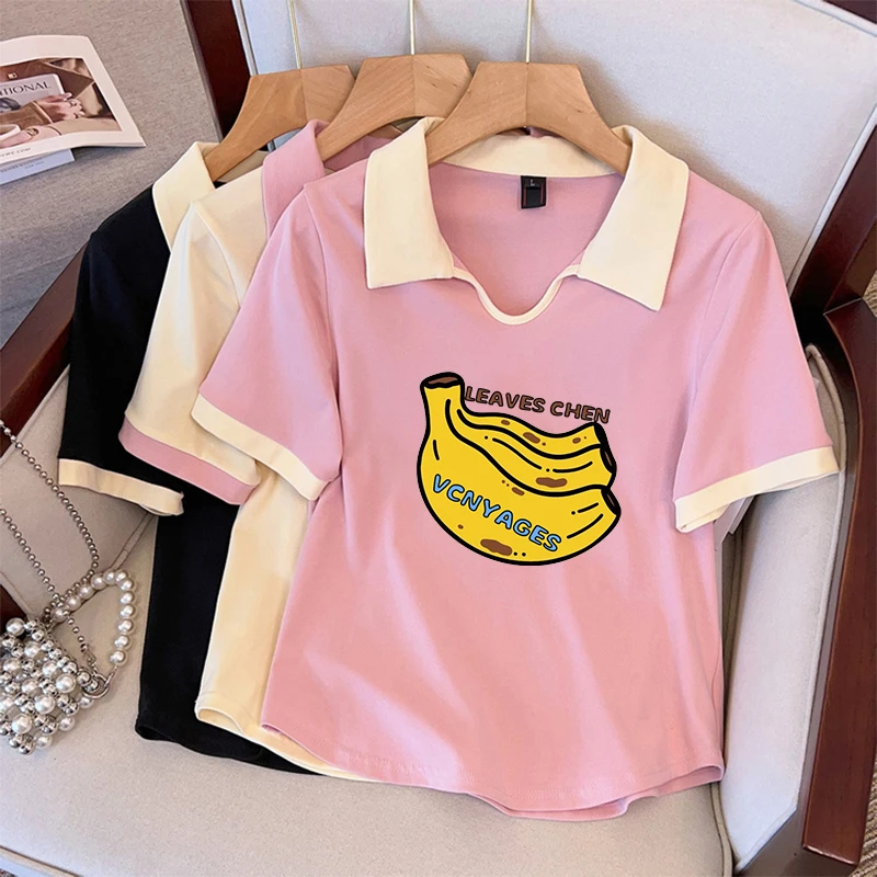 大码200斤洋气减龄复古撞色V领Polo衫创意印花正肩短袖t恤女上衣