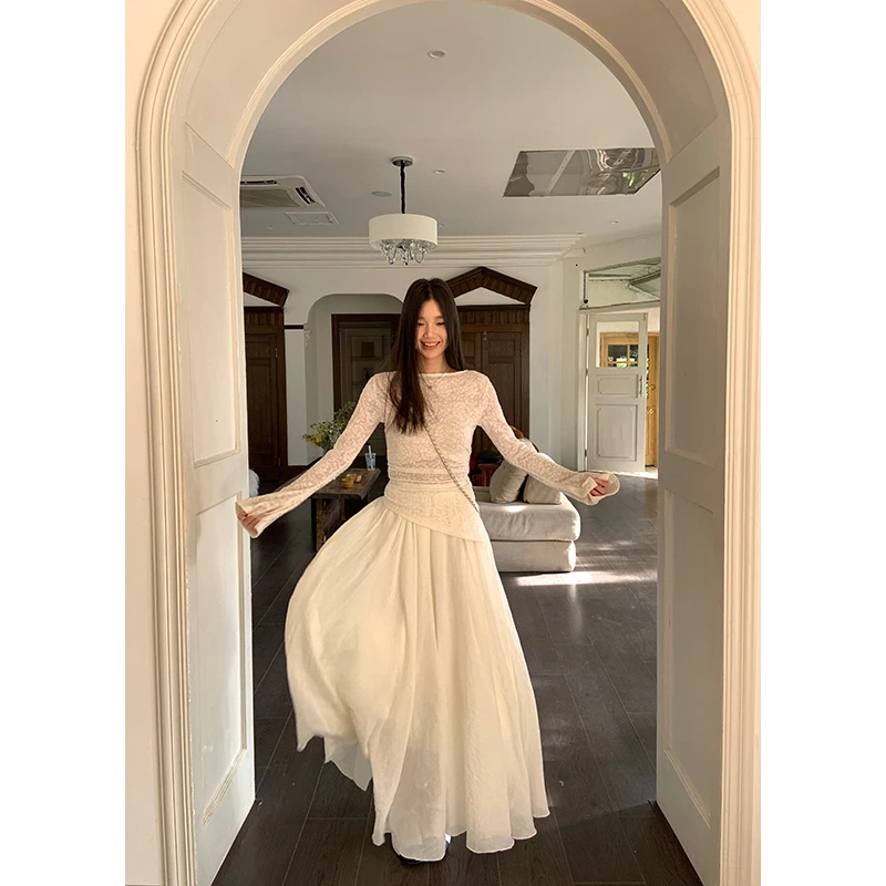 王少女的店 白杏色松紧腰半身裙春季蕾丝气质中长款长裙B29849S51