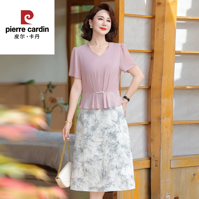 皮尔卡丹妈妈夏装新款连衣裙40岁50中老年女装短袖雪纺裙假两件显