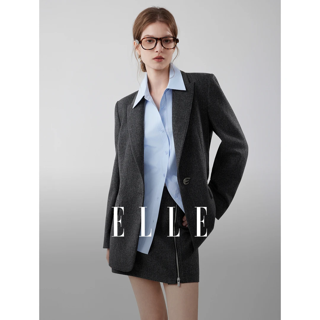 ELLE女装绵羊毛廓形西装外套2025秋季新款人字纹通勤西服EX52648