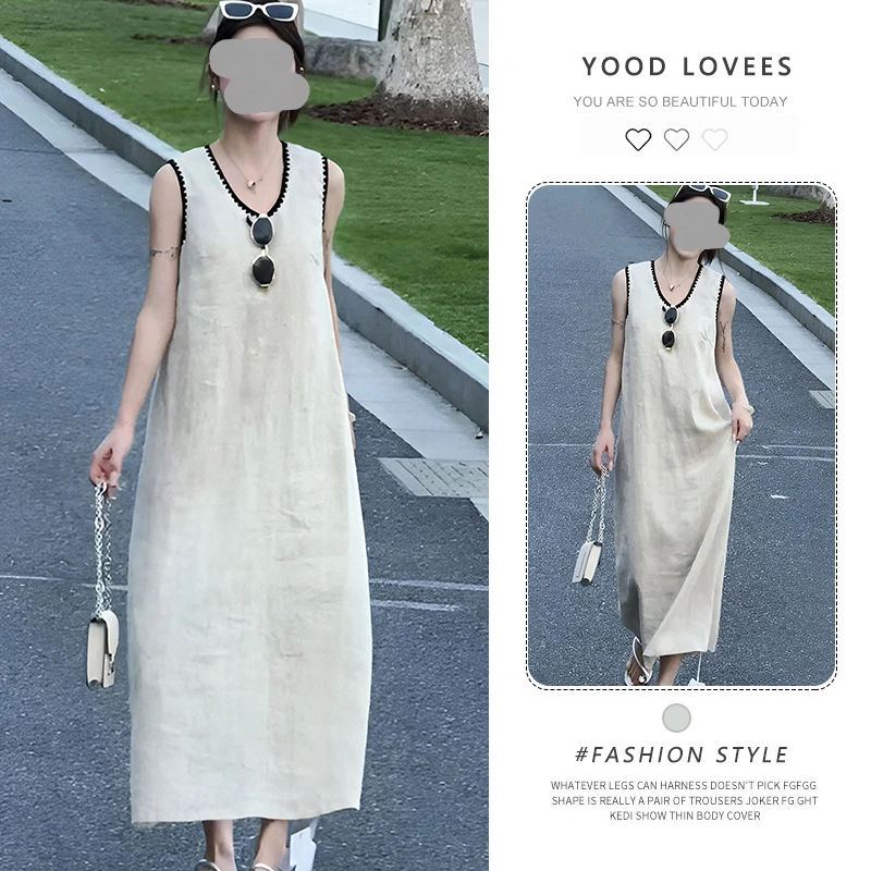2025夏季新款气质无袖V领连衣裙女装宽松休闲度假风高级背心裙子
