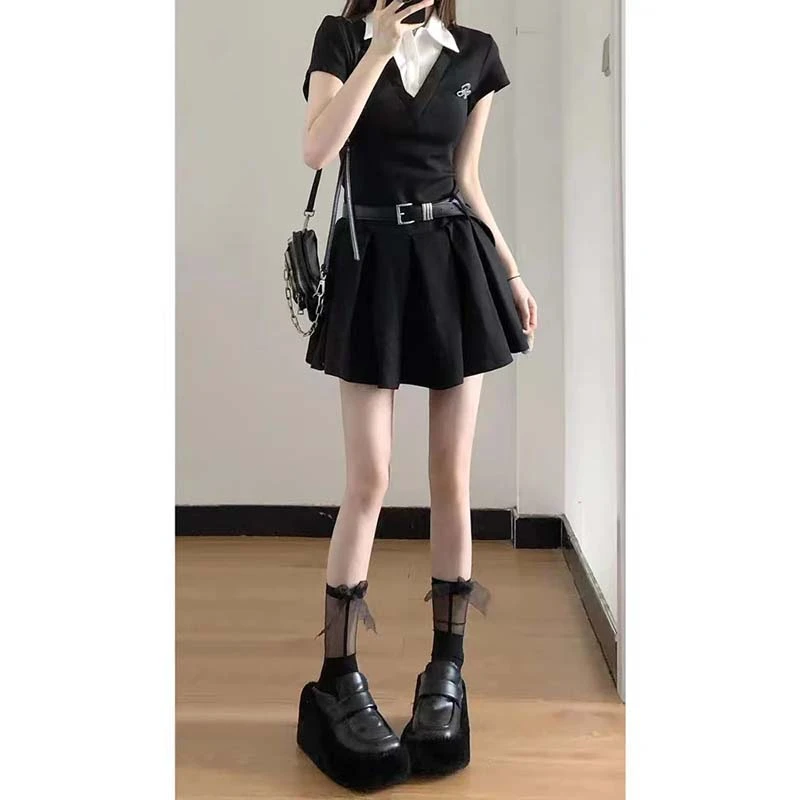 【送腰带】纯欲黑色假两件短袖连衣裙子女甜辣妹百褶短裙夏季D2508