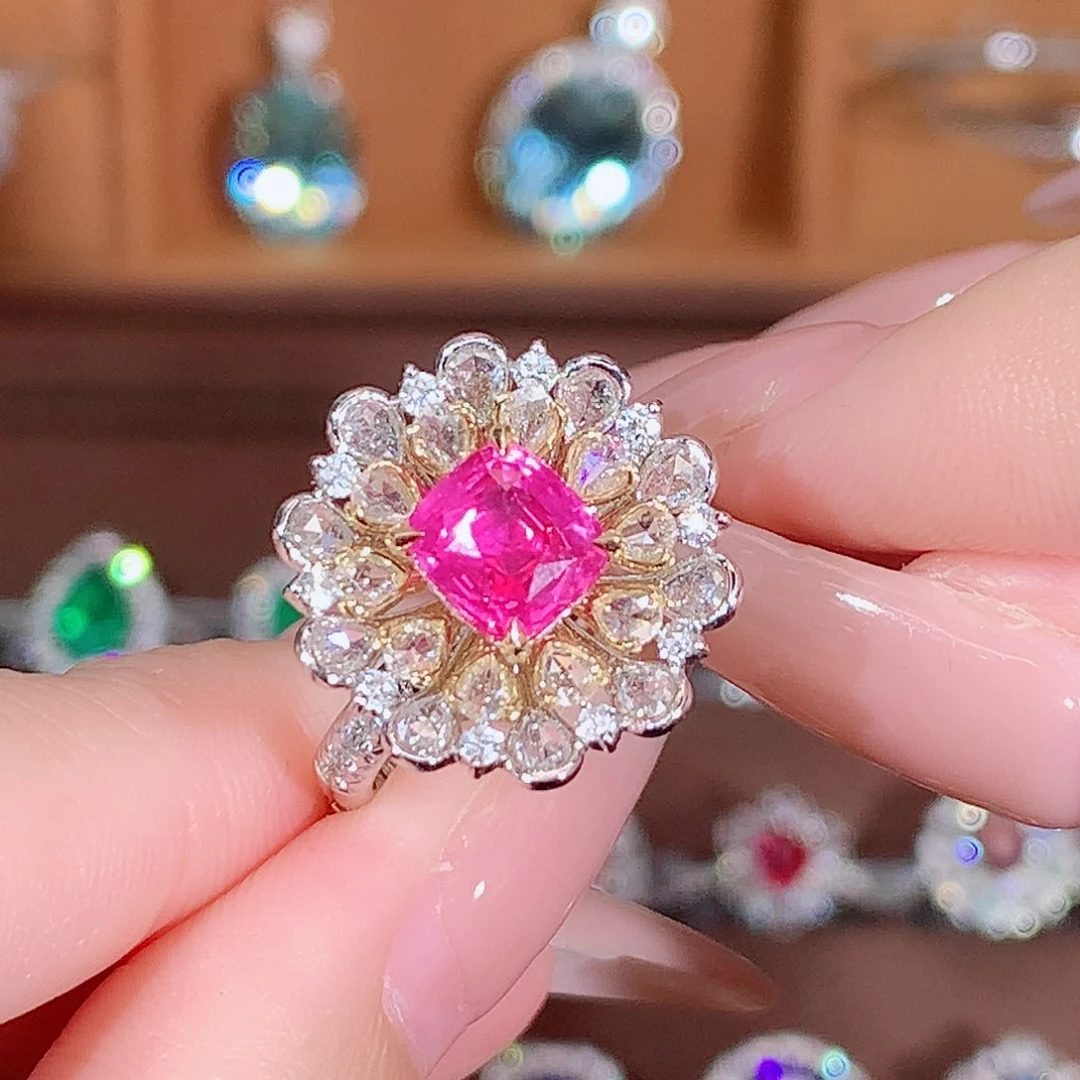 彩色蓝宝石戒指18K金镶嵌2.05ct/天然宝石/七天无理由