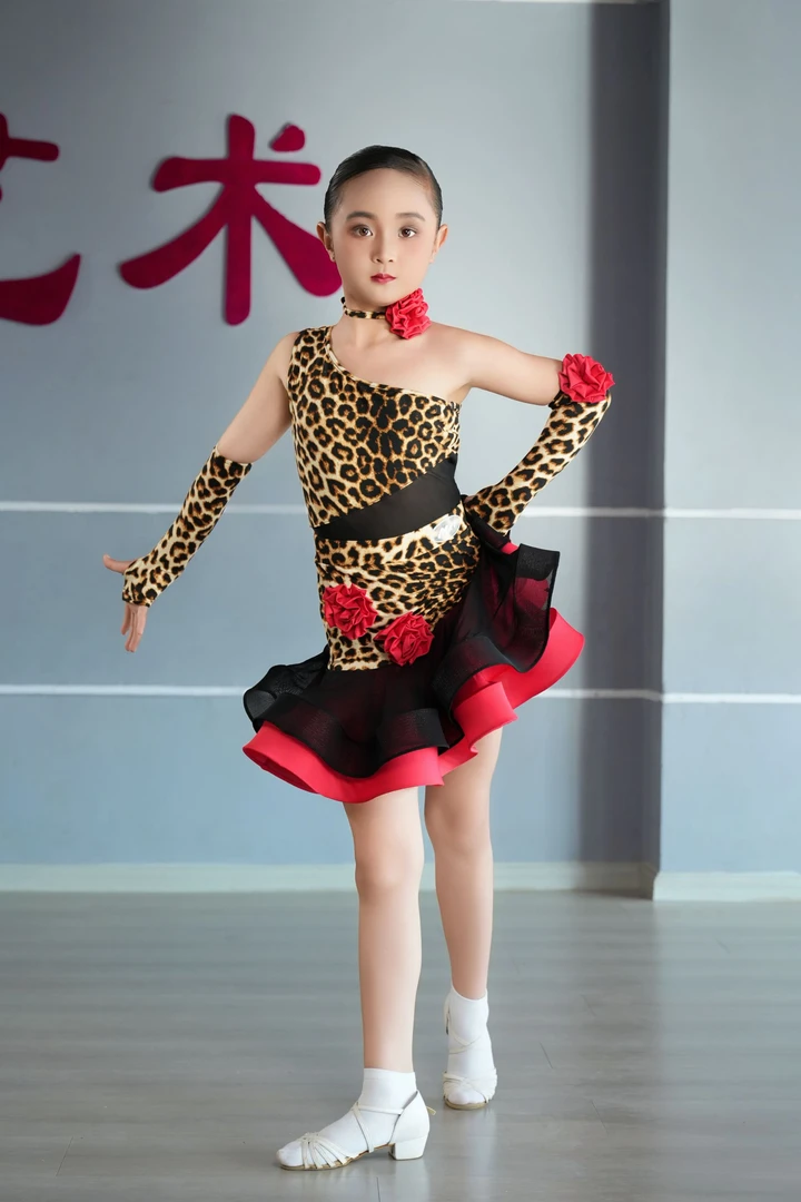A类拉丁豹纹连体练功服演出服演出服拉丁舞蓬蓬裙比赛服夏季舞服