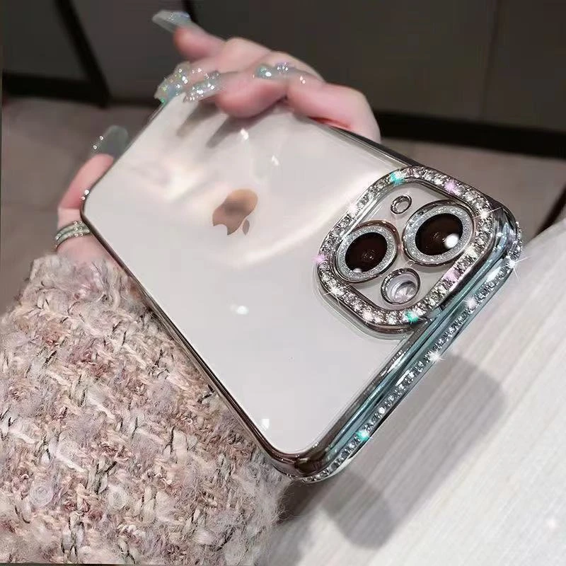 适用苹果15手机壳边钻16网红女14电镀透明新款自带镜头膜防摔软壳