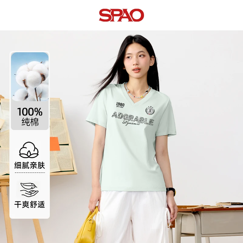 SPAO韩国同款纯棉V领短袖t恤女2025年夏季新款时尚百搭气质衣服YC