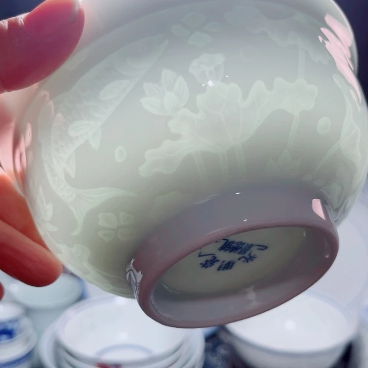 青花玲珑5.5寸面碗鱼藻纹