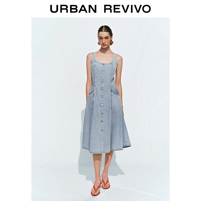 UR2025夏季新款女复古休闲通勤U型领无袖牛仔连衣裙UWH850057