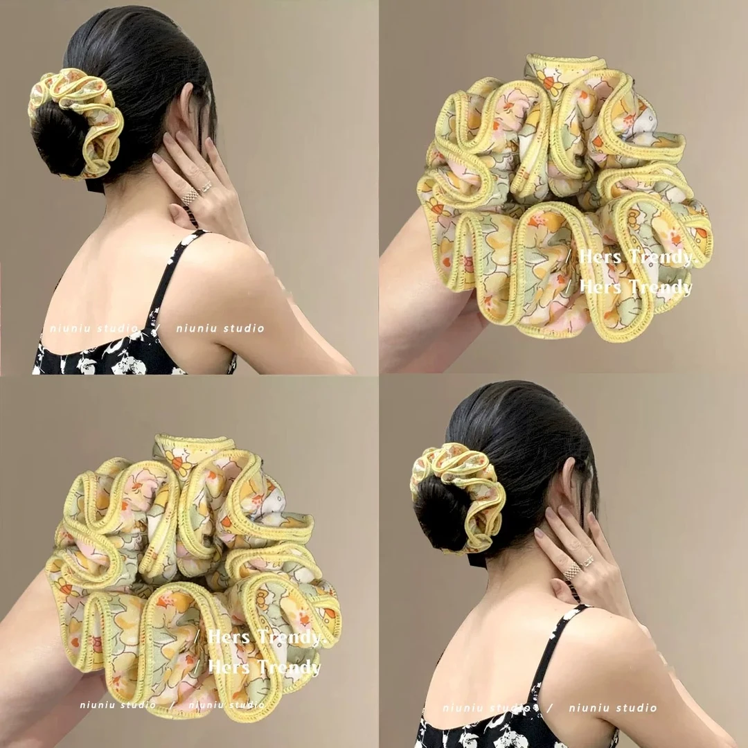 黄玫瑰庄园~芭蕾风波点碎花褶皱大肠发圈高颜值百搭丸子头发饰女