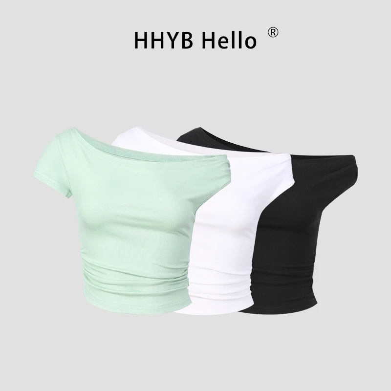 HHYB Hello纯欲性感荡领斜肩短袖T恤女2025夏新款独特上衣250327