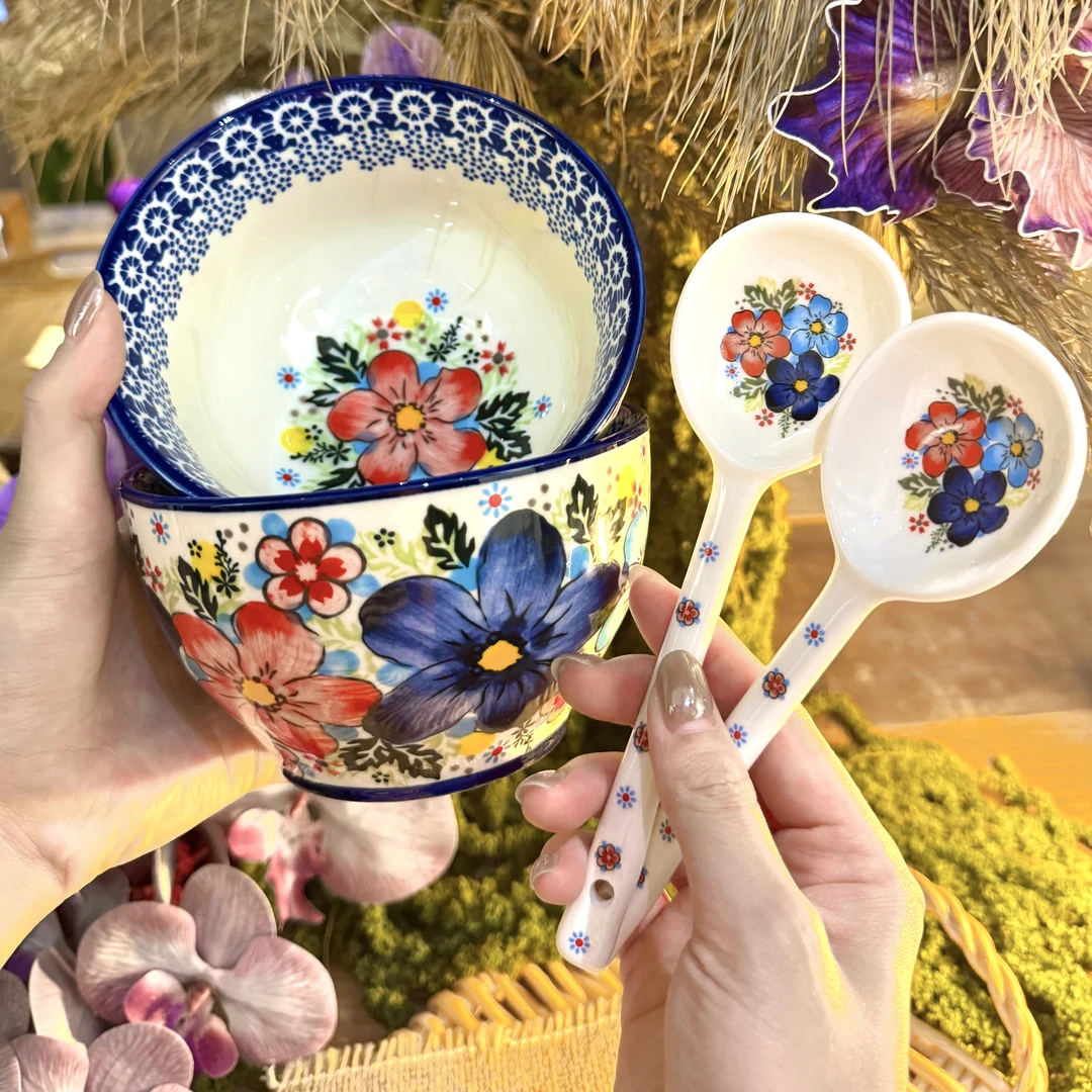 Sazaki盛夏 5英寸米饭碗家用大容量饭碗波兰彩陶瓷手绘釉下彩