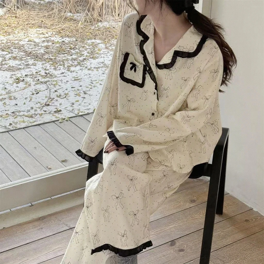 2025年新款绵纱女款睡衣花边蝴蝶结简约舒适家居服长袖长裤两件套