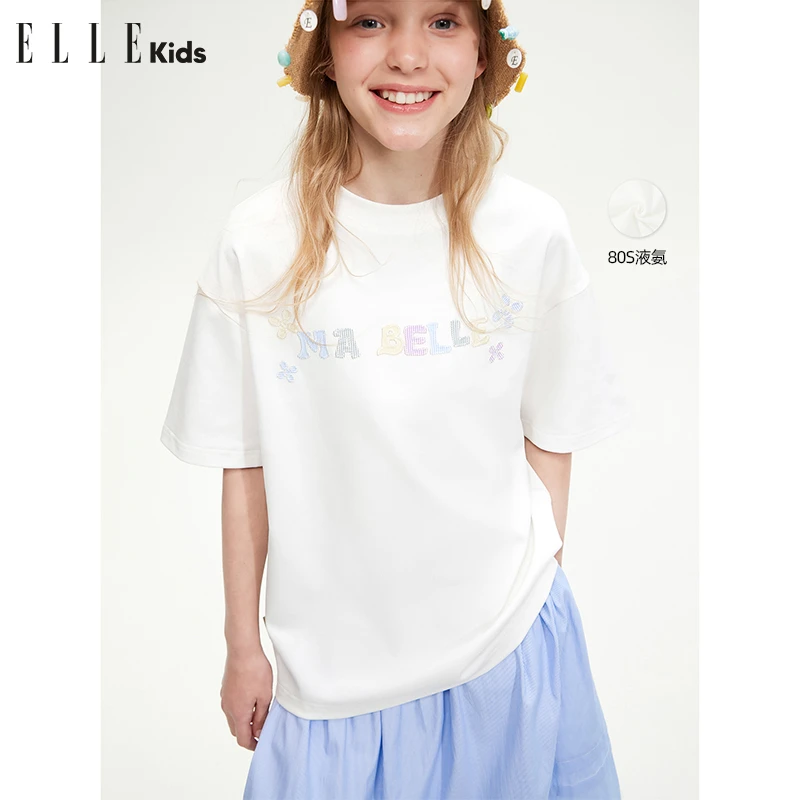 ELLE KIDS 80S液氨彩色贴布绣短袖T恤女童夏季新款度假风上衣A1