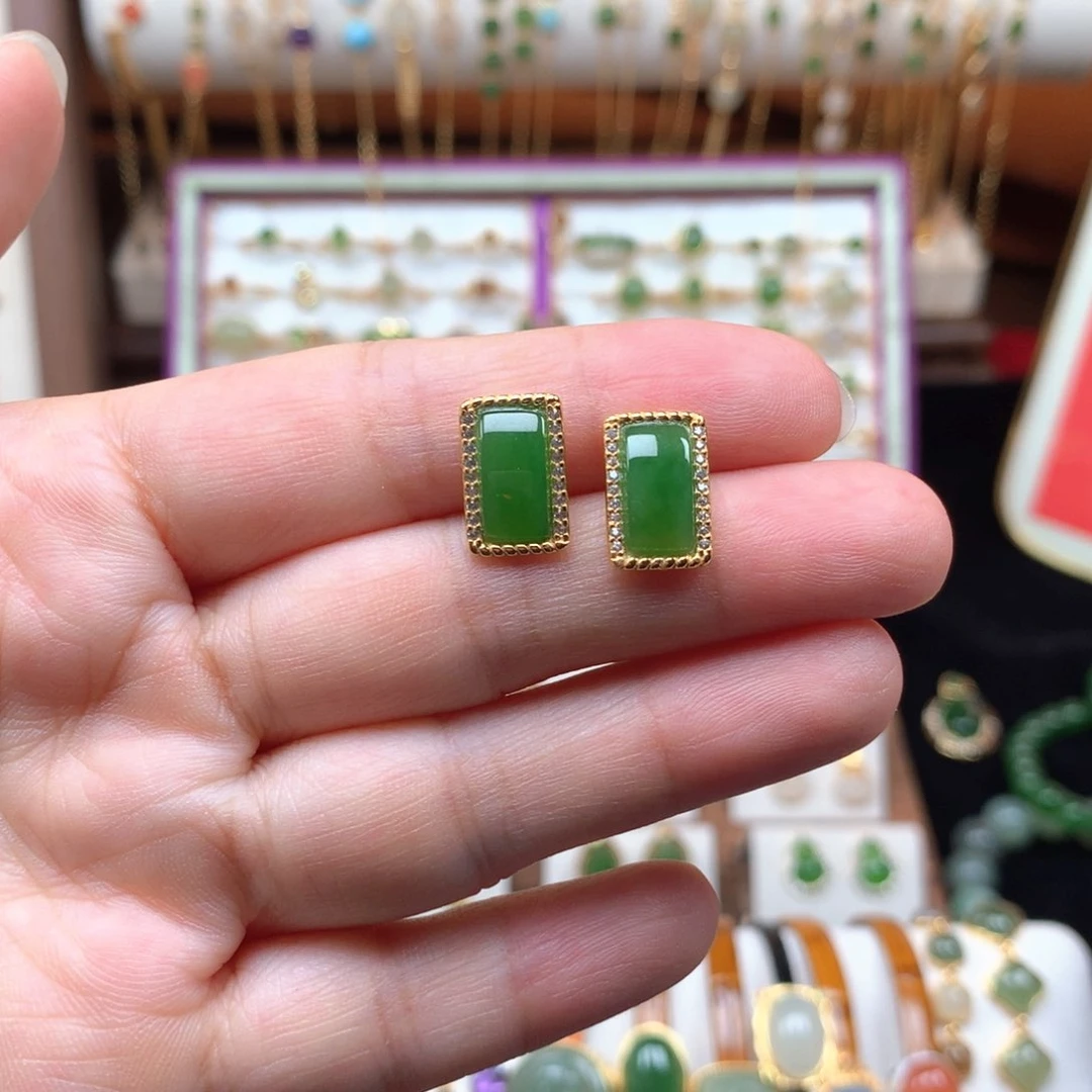 和田玉银S925镀金镶嵌耳饰