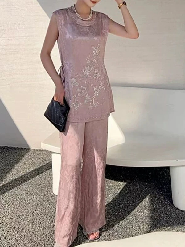 欧若风MZ001夏款25重工刺绣钉珠修身马夹阔腿长裤天丝亚麻套装