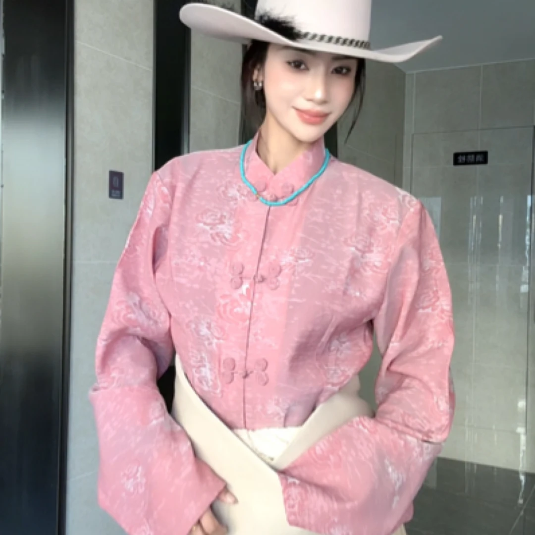 新款修身人丝衬衣对开民族风搭配藏袍