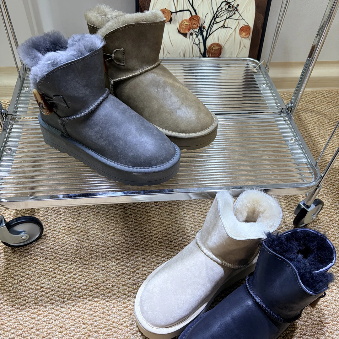 冬季新款羊毛雪地靴女厚底防滑牛角扣保暖短筒短靴百搭时尚25-6