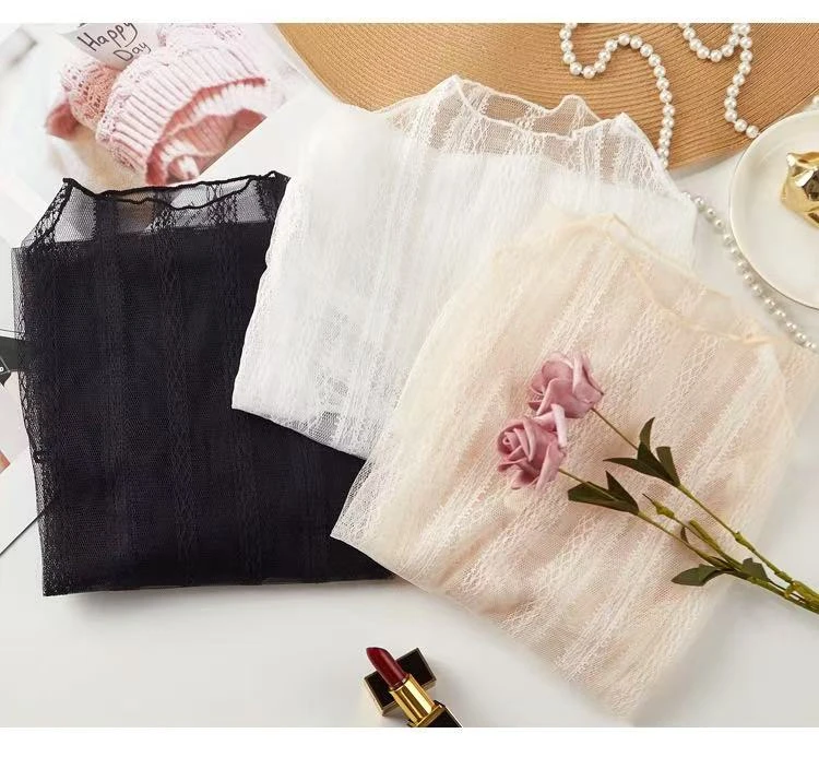 377#性感镂空甜美条纹蕾丝衫气质修身高级感半高领长袖上衣