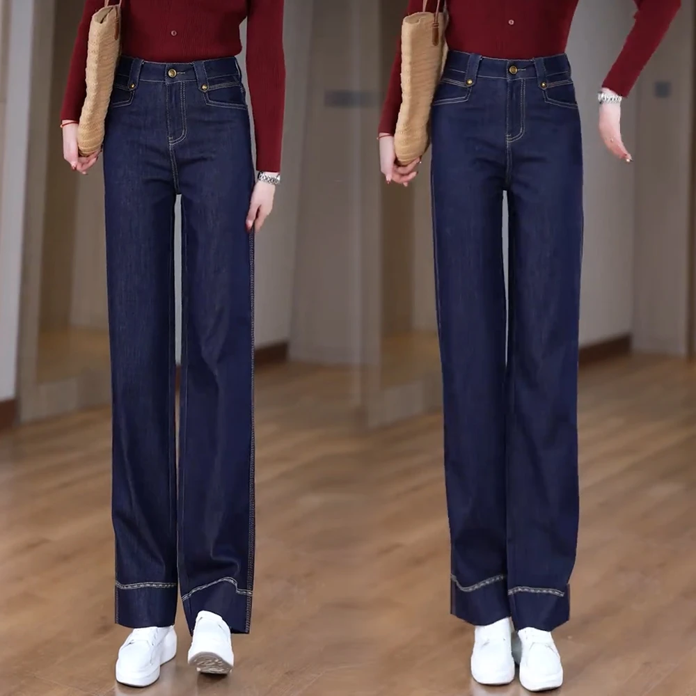 丹宁蓝牛仔裤女2025春秋新款中山高腰宽松显瘦休闲刺绣直筒裤